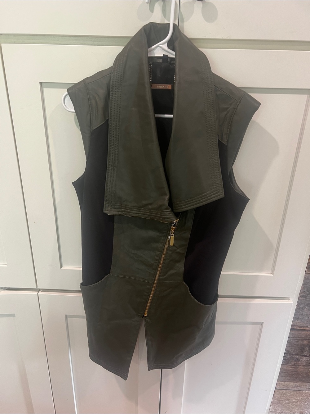 IMAN Global Chic Leather Asymmetrical Moto Vest Olive Green / Black - Small